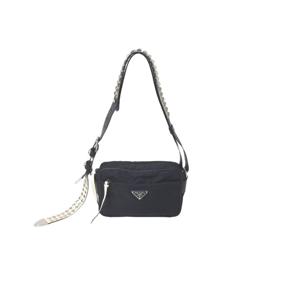 Prada Studded Shoulder Bag Triangle Logo Nylon Black - Picture 1 of 10
